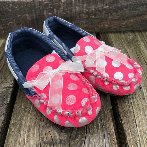 Girls Suede/Denim Polka-Dot Moccasin Slippers! NEW! - Picture 2 of 8